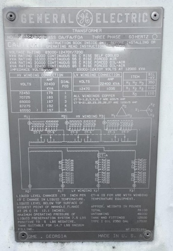 [044314] 12000/22400 KVA, Pri 69000 D, Sec 12470Y/7200, GENERAL ELECTRIC, COPPER:1