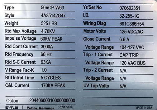 [044404] 3000 Amp, EATON, 50VCP-W63, 4760 V., 120 VAC CLSE & CAP TRP, 125 VDC/AC MOTOR