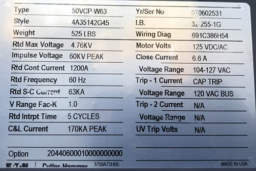 [044406] 1200 Amp, EATON, 50VCP-W63, 4760 V., 2007, 120 VAC CLSE & TRP, 125 VDC/AC MOTOR
