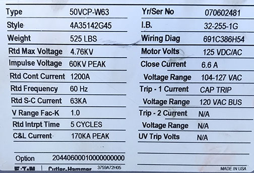 [044407] 1200 Amp, EATON, 50VCP-W63, 4760 V., 2007, 120 VAC CLSE & TRIP, 125 VDC/AC MOTOR