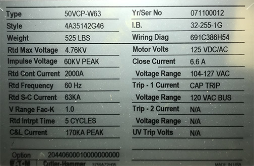 [044409] 2000 Amp, EATON, 50 VCP-W63, 4760 V., 2007, 120 VAC CLSE & TRP, 125 VDC/AC MOTOR