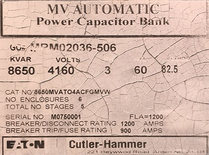 [044415] 8650 KVAR EATON/CUTLER HAMMER, 4160 V, 10 STAGE, 21 - 350 KVAR SINGLE PHASE