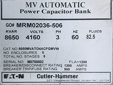 [044416] 8650 KVAR EATON/CUTLER HAMMER, 4160 V, 10 STAGE, 21 - 350 KVAR SINGLE PHASE:
