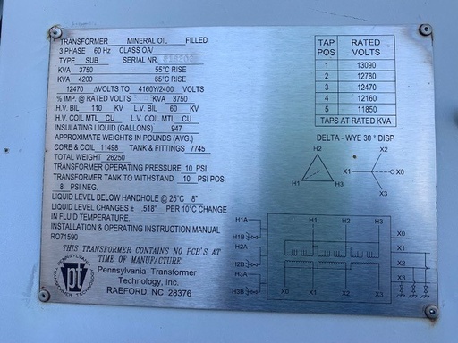 [044423] 3750/4200 KVA, 12470 D, 4160Y/2400, 2002, PENNSYLVANIA TRANSFORMER, COPPER:2