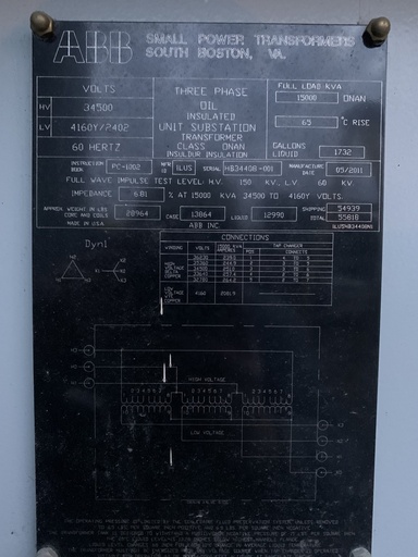 [044433] 15000 KVA, Pri 34500 D, Sec 4160Y/2402, 2011, ABB;