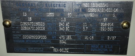 [044435] 1200 Amp, GE, VB1-13.8-500-1, 15 KV, E/O, D/O, 240 AC CLOSE, 340 DC TRIP, ML-18
