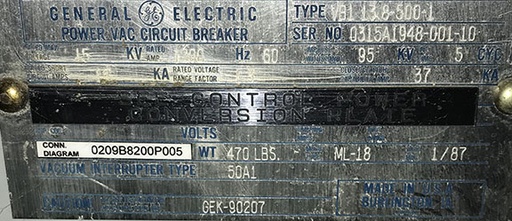 [044436] 1200 Amp, GE, VB1-13.8-500-1, 15 KV, E/O, D/O, 240 AC CLOSE, 325 DC TRIP, ML-18