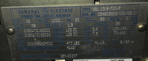 [044437] 1200 Amp, GE, VB1-13.8-750-2, 15 KV, E/O, D/O, 125 AC CLOSE, 125 DC TRIP, ML-18