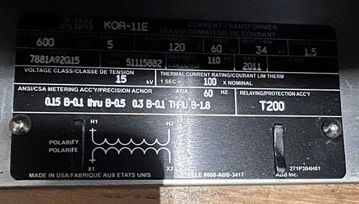 [044589] 200 KVA, 34500 V, Sec. 115 V, 2010, TYPE VZF-36-10 RITZ VOLTAGE TRANSFORMERS;2