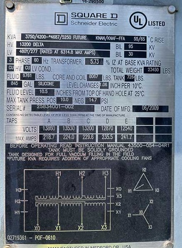 [044620] 3750/4200/4687/5250 KVA, Pri 13200 D, Sec 480Y/277, SQUARE D, SUBSTATION