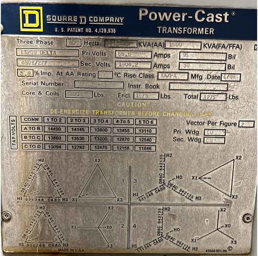 [044622] 1000/1500 KVA, Pri 13200 D, Sec 480Y/277, SQUARE D POWER-CAST