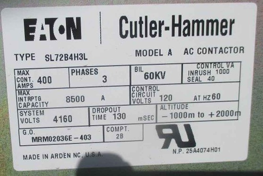 [044656] 600 HP, 400 AMP, EATON/CUTLER-HAMMER, 2000 KVA CONTACTOR