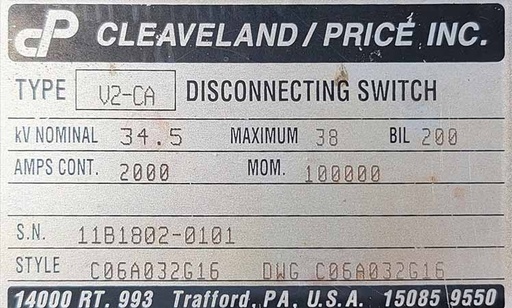 [044686] 2000 Amp, CLEAVELAND/PRICE, 34500 V, DISCONNECTING SWITCH GOAB