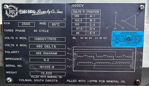 [044698] 2500 KVA, Pri 13800 Y, Sec 480 D, T&R Substation Transformer