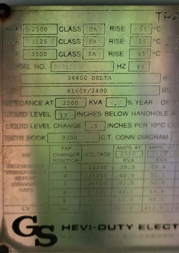 [044716] 2500 KVA, Pri 34400 D, Sec 4160Y/2400, HEAVY DUTY SUBSTATION TRANSFORMER