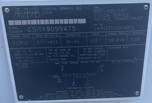 [044758] 161 KVA, 92000 V, Sec. 277/480 V, ABB SUBSTATION VOLTAGE TRANSFORMERS