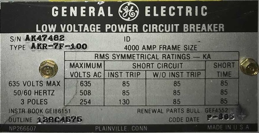 [044800] 4000 Amp, GE, AKR-7F-100, 480 V., AIR CIRCUIT BREAKER