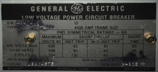 [044801] 4000 Amp, GE, AKR-7F-100, 480 V., AIR CIRCUIT BREAKER