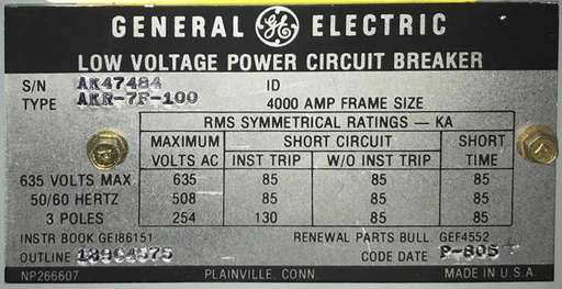 [044802] 4000 Amp, GE, AKR-7F-100, 480 V., AIR CIRCUIT BREAKER