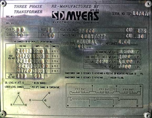 [044814] 500 KVA, Pri 22860 D, Sec 480Y/277, DF/LF, SD MYERS PADMOUNT TRANSFORMER