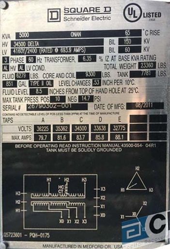 [044819] 5000 KVA, Pri 34500 D, Sec 4160Y/2400, SQUARE D SUBSTATION TRANSFORMER