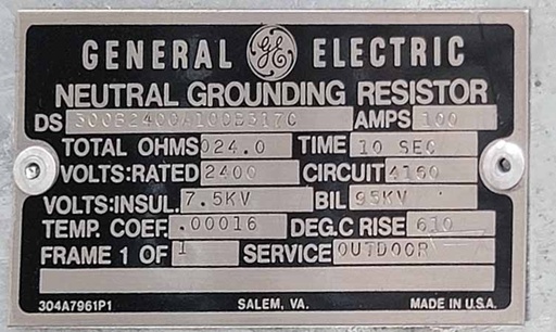 [044825] 100 AMP, GENERAL ELECTRIC NEUTRAL GROUNDING RESISTOR