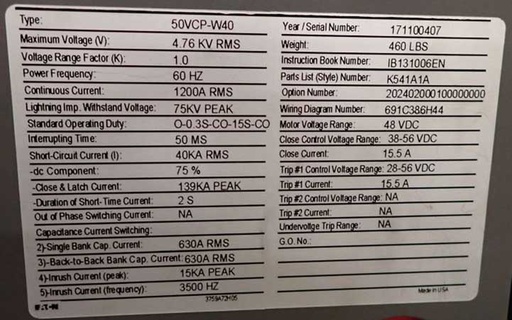 [044843] 1200 Amp, EATON, 50VCP-W40, 4760 V., CIRCUIT BREAKER DRAWER, NEW