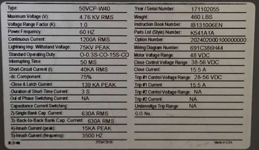 [044844] 1200 Amp, EATON, 50VCP-W40, 4760 V., CIRCUIT BREAKER DRAWER, NEW