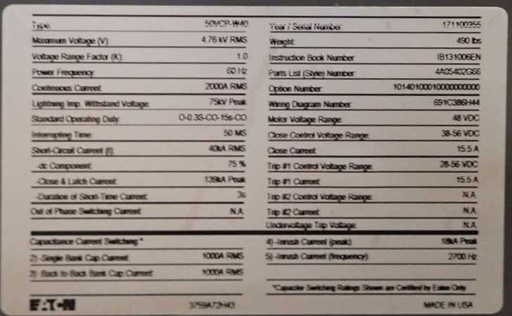 [044845] 2000 Amp, EATON, 50VCP-W40, 4760 V., CIRCUIT BREAKER DRAWER, NEW