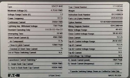 [044846] 2000 Amp, EATON, 50VCP-W40, 4760 V., CIRCUIT BREAKER DRAWER, NEW