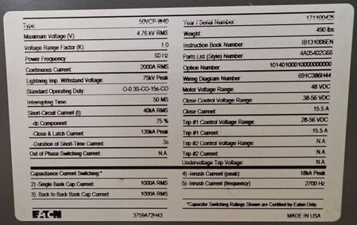 [044848] 2000 Amp, EATON, 50VCP-W40, 4760 V., CIRCUIT BREAKER DRAWER, NEW
