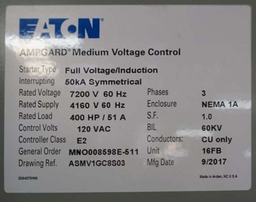 [044879] 400 HP EATON AMPGARD SL72 7200V INDOOR STARTER- FULL VOLTAGE/INDUCTION