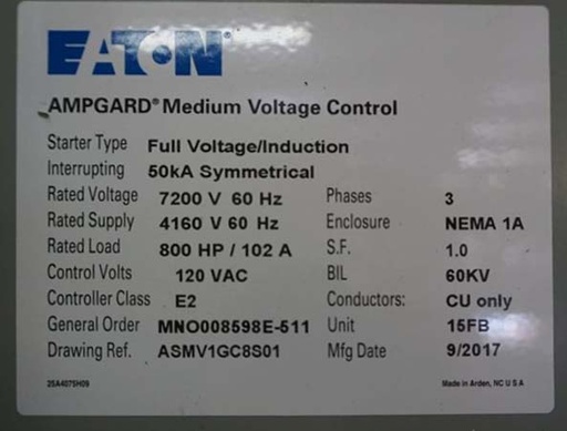 [044883] 400 HP EATON AMPGARD SL72 7200V INDOOR STARTER- FULL VOLTAGE/INDUCTION