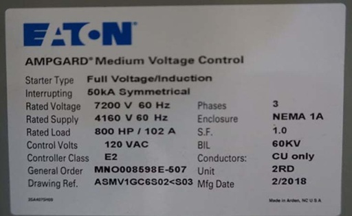 [044886] 800 HP EATON AMPGARD SL72 7200V INDOOR STARTER- FULL VOLTAGE/INDUCTION
