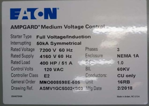 [044890] 400 HP EATON AMPGARD SL72 7200V INDOOR STARTER- FULL VOLTAGE/INDUCTION