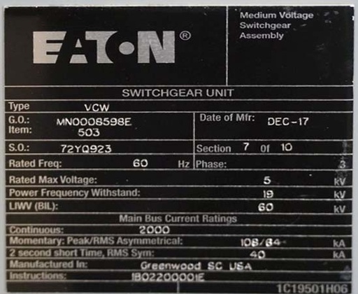 [044891] 2000 Amp, EATON, VCW CPT, 5 KV, CIRCUIT BREAKER CABINET