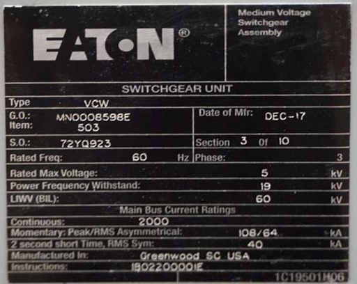 [044892] 2000 Amp, EATON, VCW, 5 KV, CIRCUIT BREAKER CABINET-UNUSED