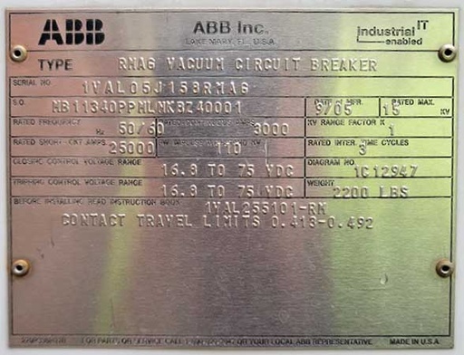 [044912] 3000 Amp, ABB, No. RMAG, 15000 V., 48 VDC CLOSE & TRIP OUTDOOR BREAKER