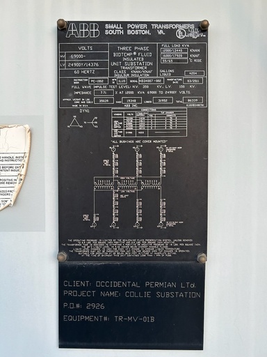 [044927] 12/13.4/16/17.92 MVA, PRI 6900D, SEC 24900Y/14376 ABB SUBSTATION TRANSFORMER