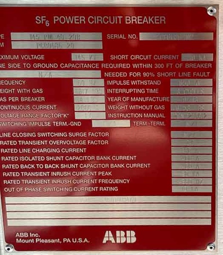[044930] 2000 Amp, ABB, TYPE 145 PM 40 20B, 145000 V., SF6 CIRCUIT BREAKER