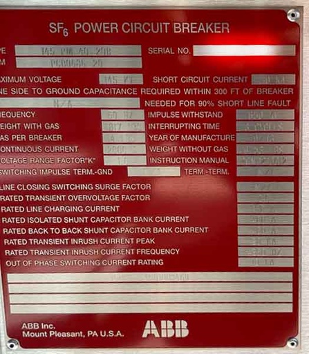 [044931] 2000 Amp, ABB, TYPE 145 PM 40 20B, 145000 V., SF6 CIRCUIT BREAKER