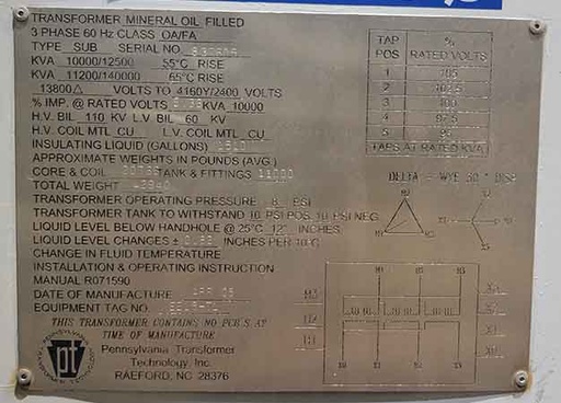 [044933] 10000 KVA, Pri 13800D, Sec 4160Y, PENNSYLVANIA SUBSTATION TRANSFORMER