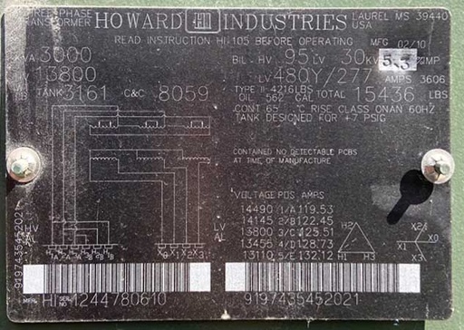 [044935] 3000 KVA, Pri 13800D, 480Y/277, DF/LF HOWARD INDUSTRIES PADMOUNT TRANSFORMER