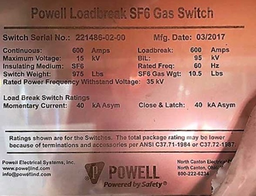 [044964] 600 AMP, 15 KV, 40KA CLOSE & LATCH, POWELL LOADBREAK SF6 GAS SWITCH