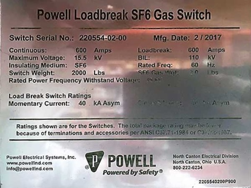 [044965] 600 AMP, 15.5 KV, 40 KA CLOSE & LATCH, POWELL LOADBREAK SF6 GAS SWITCH