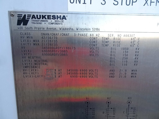 [044981] 35.7 MVA, 345000D-21500Y, MCGRAW-EDISON SUBSTATION TRANSFORMER