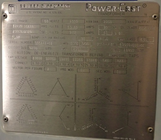 [044995] 1500 KVA, 12470D-2300Y/1328 SQUARE D CAST COIL COPPER DRY TYPE TRANSFORMER