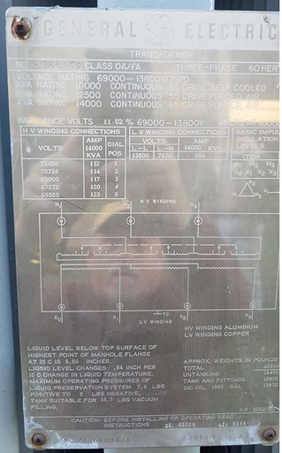 [045006] 10/14 MVA, PRI 69000D, SEC 13800Y/7970 GENERAL ELECTRIC SUBSTATION TRANSFORMER:2