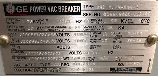[045015] 1200 Amp, 4760V, GENERAL ELECTRIC POWER VAC BREAKER****PARTS ONLY****
