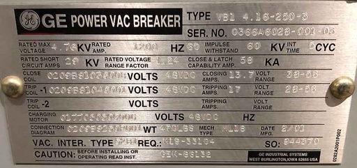 [045016] 1200 Amp, 4760V, GENERAL ELECTRIC POWER VAC BREAKER****PARTS ONLY****